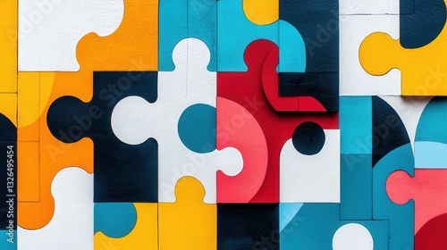 A vibrant graffiti wall featuring large puzzle shapes and neon colors