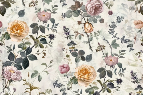 Seamless pattern background featuring a collection of vintage botanical illustrations with flowers and leaves in muted colors. MZ 