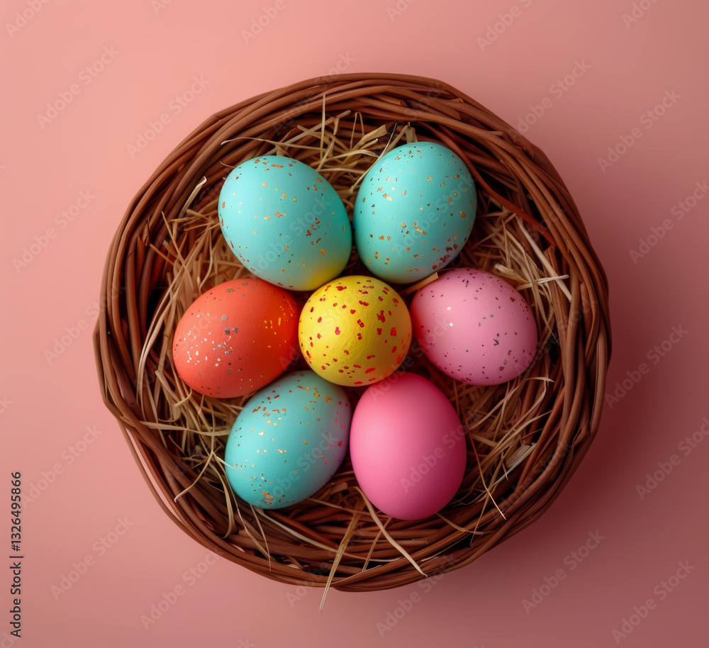 Naklejka premium Woven Basket Easter Eggs - Minimalist Geometric Patterns with Metallic Accents on Peach-Cream Gradient Background, Spring Banner Layout.