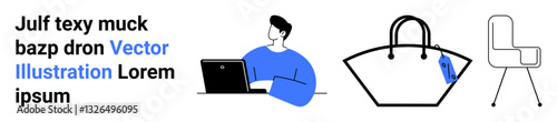 Man working on laptop, large handbag with tag, minimalist chair. Ideal for shopping, retail, ecommerce, online study, working remotely, product catalog flat landing page banner