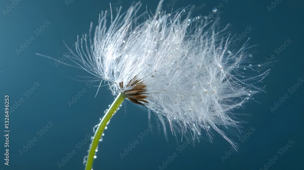 Fototapeta premium Delicate dandelion seedhead scatters wispy seeds against a vibrant blue sky, capturing a dreamy summer moment of freedom and wish-making in a minimalist botanical frame.