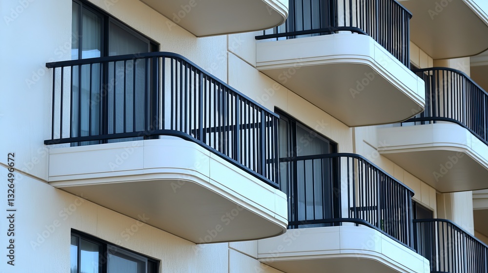 Fototapeta premium Modern Sustainable Apartment Building with Panoramic Windows and Private Balconies, Featuring Energy-Efficient Design and Urban Tranquility, Ideal for Real Estate and Architecture.