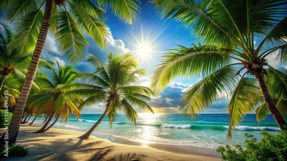 A tropical paradise unfolds: pristine beach, swaying palms, perfect rule of thirds composition. A tropical paradise unfolds: pristine beach, swaying palms, perfect rule of thirds composition.