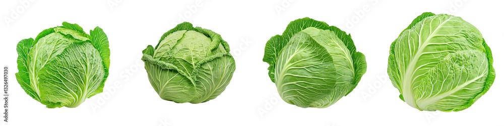 Four fresh green cabbages displayed in varying sizes, showcasing their vibrant leaves and unique shapes. Four fresh green cabbages displayed in varying sizes, showcasing their vibrant leaves and unique shapes.