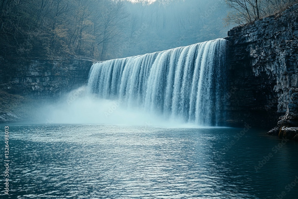 Fototapeta premium Waterfall cascading over rocky ledges into tranquil and still water