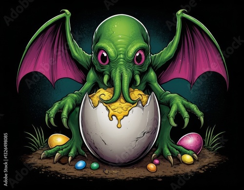 Cute baby Cthulhu hatching from Easter egg with candy surrounded by darkness and fantasy glow