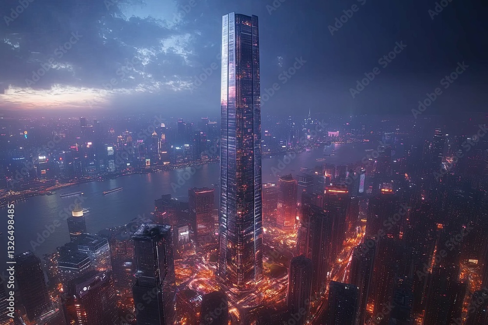 Obraz premium A towering modern skyscraper dominates an urban cityscape at dusk