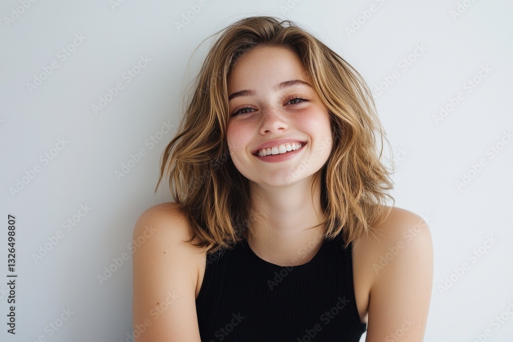 A woman with short brown hair is smiling and looking at the camera
