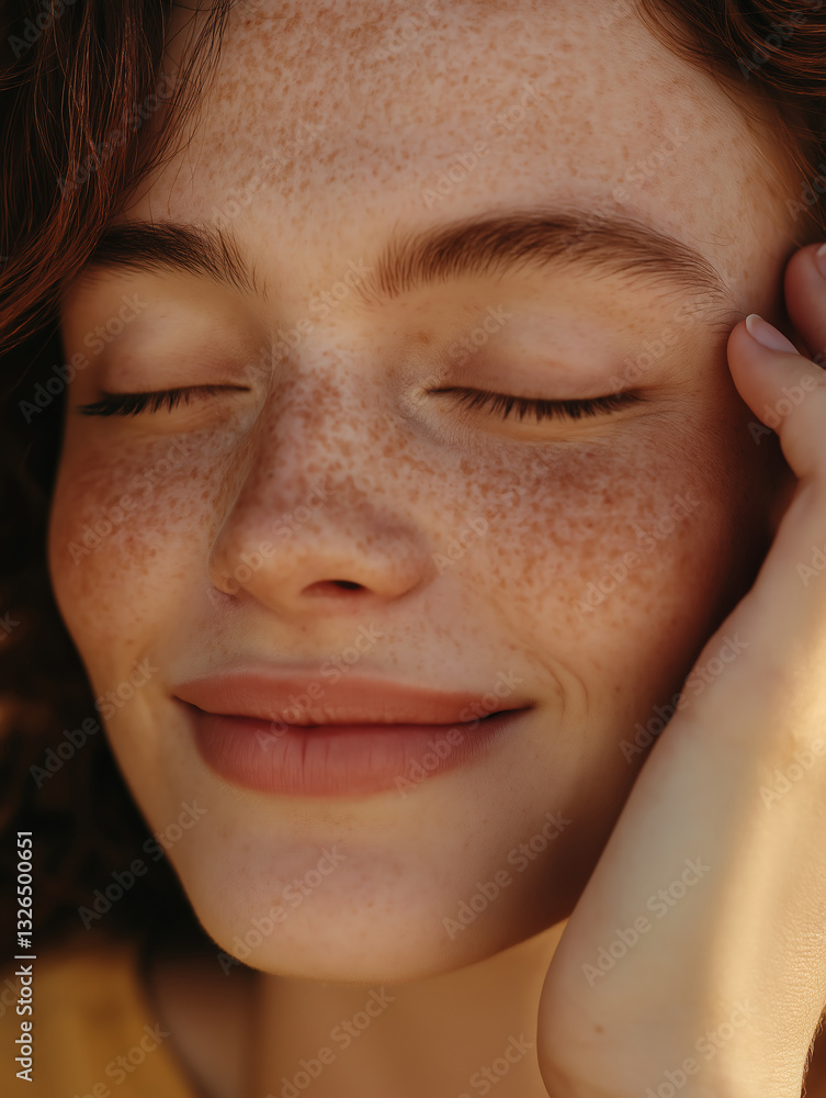 Fototapeta premium Embrace Pure Happiness: Close-Up Portrait of a Freckled Young Woman Radiating Joy and Serenity in Natural Sunlight