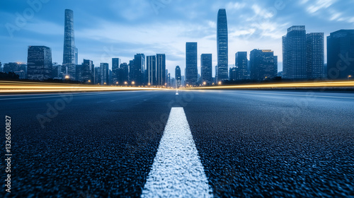 A cityscape road leading toward a skyline of towering skyscrapers, lined with modern milestone markers indicating growth, strategy, and successful business milestones.