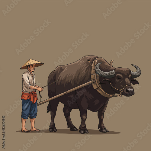 Farmer Working with Water Buffalo Illustration in Traditional Style