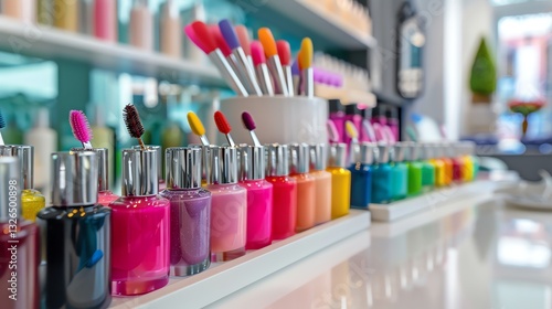 Colorful nail polish bottles displayed in a beauty supply store.