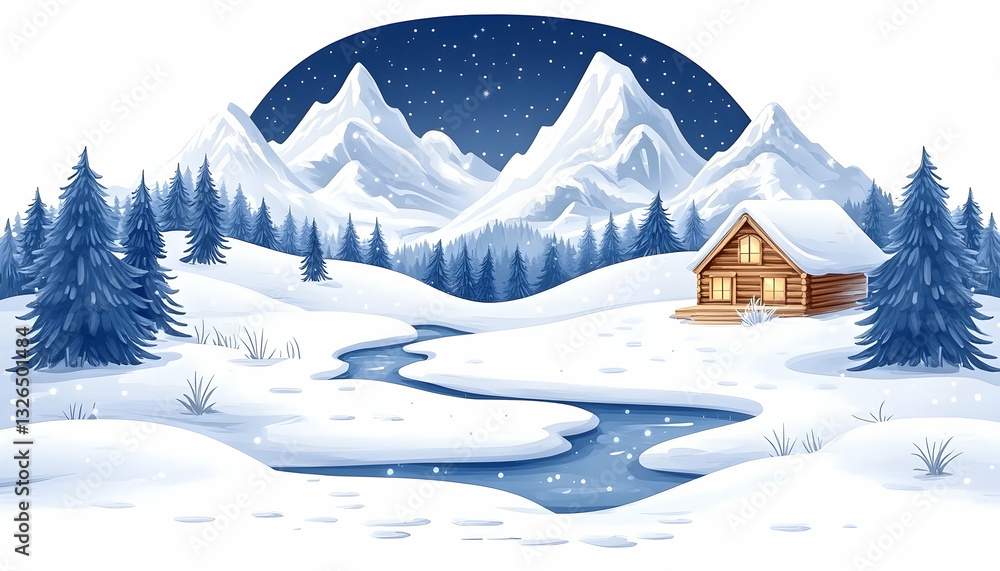 Fototapeta premium Snowy mountain landscape with cozy cabin