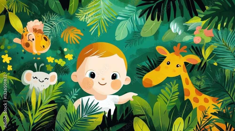Naklejka premium A happy child surrounded by jungle animals and lush green plants