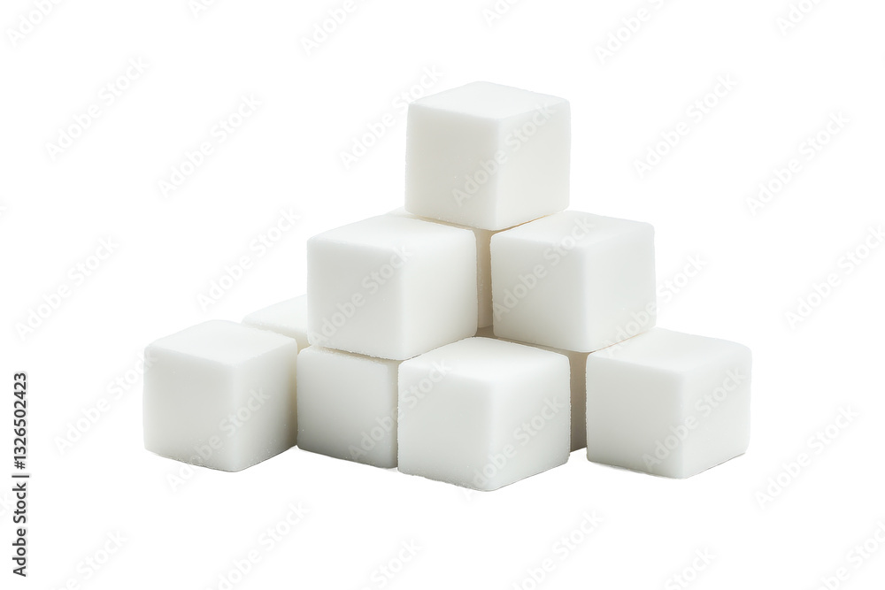 A pyramid arrangement of white sugar cubes stacked on a white surface in a studio shot close up view A pyramid arrangement of white sugar cubes stacked on a white surface in a studio shot close up view