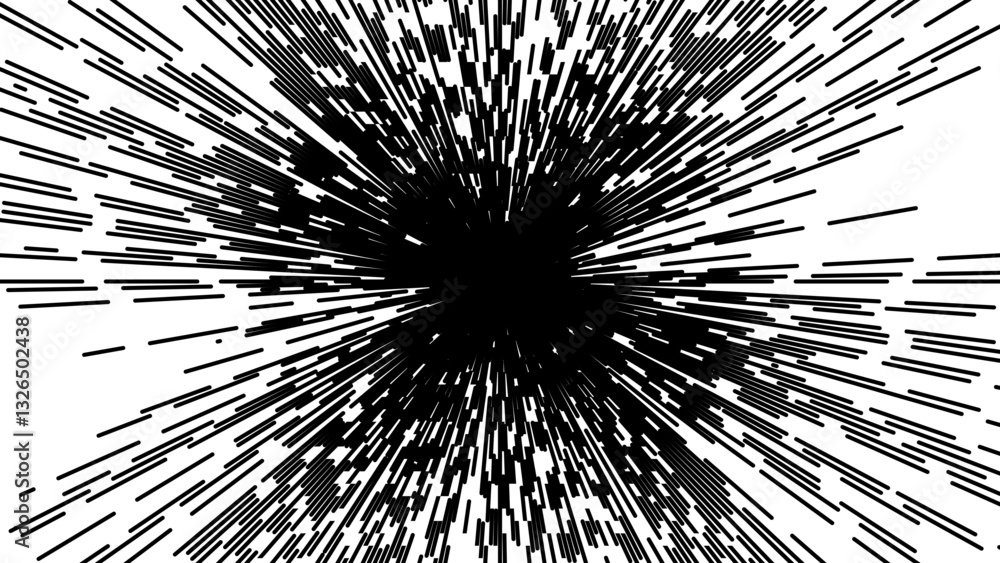 Fototapeta premium Abstract black and white explosion effect with radiating lines converging toward a central dark area, creating a dynamic visual impact.