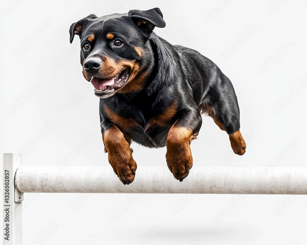 Fototapeta premium Rottweiler Dog Jumping Over a White Bar