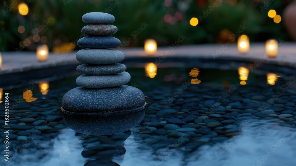 Obraz premium Peaceful Zen Garden with Stacked Stones and Candlelight Glow