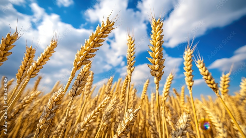 Lush golden wheat heads enjoy the sun under a vibrant blue sky with fluffy white clouds, symbolizing agriculture, growth, and the beauty and productivity of nature's gifts. Lush golden wheat heads enjoy the sun under a vibrant blue sky with fluffy white clouds, symbolizing agriculture, growth, and the beauty and productivity of nature's gifts.