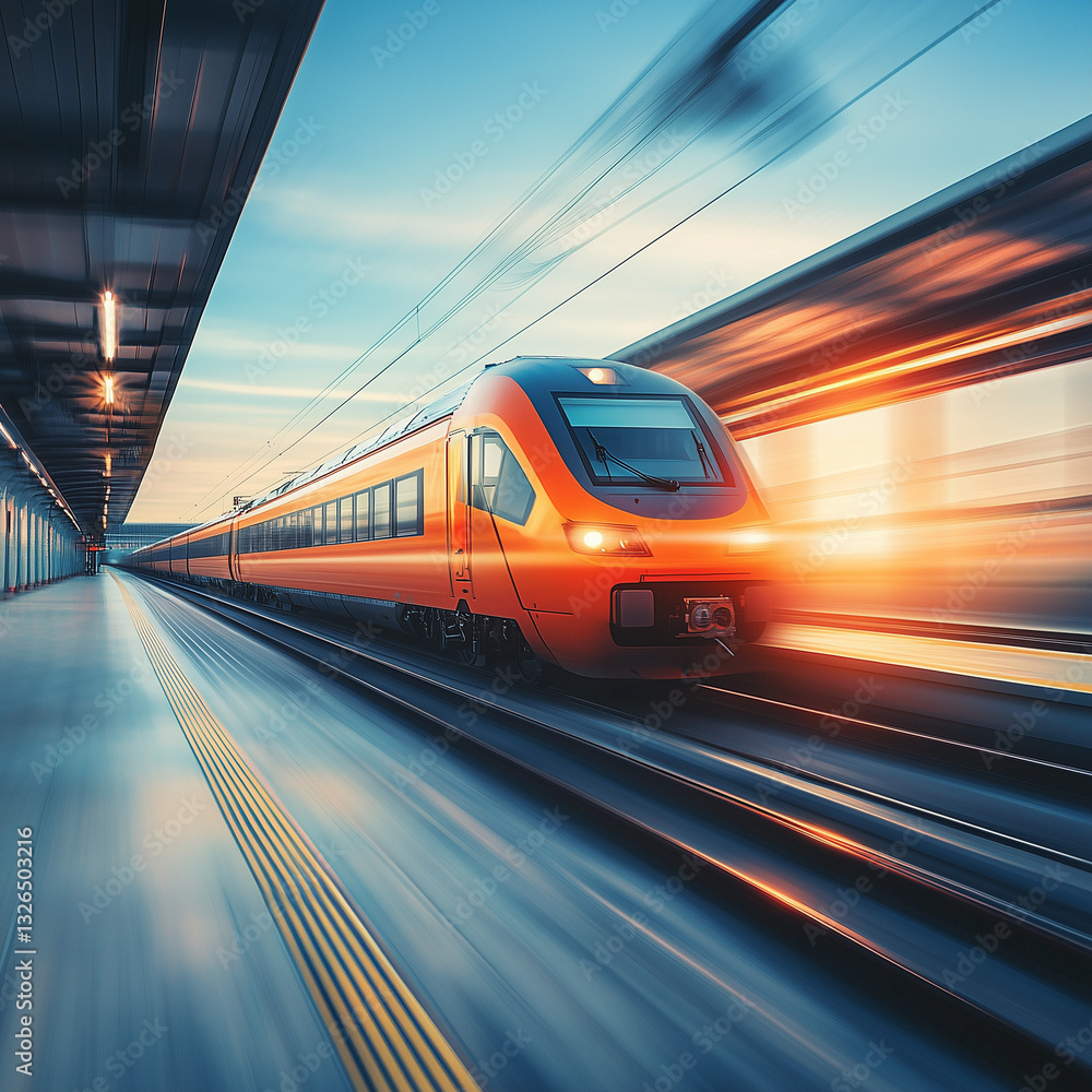Naklejka premium High-Speed Orange Passenger Train at Railway Station – Modern Transport with Motion Blur, AI-Generated