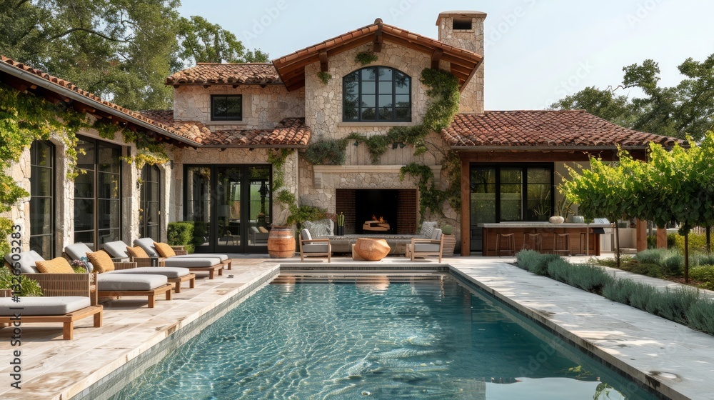 Fototapeta premium Rustic villa with wine themed pool and outdoor kitchen surrounded by vineyard landscape perfect for relaxation