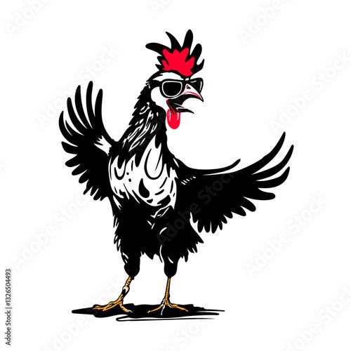 Lustiger Hahn, Gockel mit Sonnebrille für Ostern und die Ostertage. Vektor Tier Design im Frühling.
