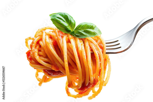 A fork holding spaghetti with tomato sauce and basil against a white background in a close up shot
