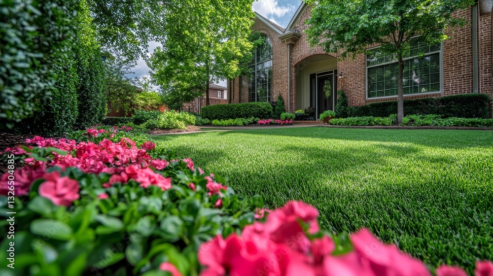 Fototapeta premium Elegant Middle-Class Home in Texas with Manicured Lawn and Traditional Architecture, Showcasing Luxury Living and Professional Landscaping Services.