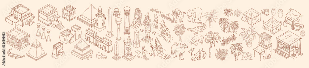 Fototapeta premium Egypt isometric map set, vector hand drawn line object ancient architecture landscape illustration. Desert pyramid temple, Africa civilization historical building, palm tree, animals. Egypt game map