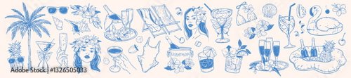 Tropical summer doodle set, vector exotic island party drink collection, paradise vacation icon kit. Hawaii woman portrait, beach cocktail glasses, exotic flower, ocean beach seashell. Tropical summer