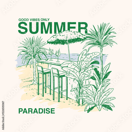 Exotic summer vintage poster, vector hand drawn tropical vacation illustration, Hawaii island bar. Ocean beach resort print, palm tree, holiday jungle relax typography design. Tropical summer view