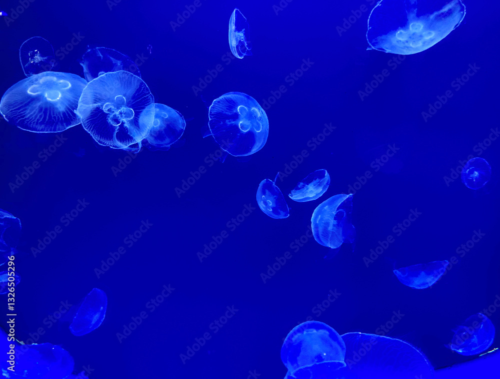 Glowing jellyfish float in deep blue water, showcasing their transparent, bioluminescent bodies. A mesmerizing marine life scene, perfect for aquariums, ocean exploration, and diving. Glowing jellyfish float in deep blue water, showcasing their transparent, bioluminescent bodies. A mesmerizing marine life scene, perfect for aquariums, ocean exploration, and diving.