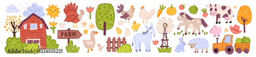 Farm animal kids doodle, village nature childish scribble hand drawn set, cute vector cartoon donkey. Wax crayon texture barn house, green tree bush, tractor, baby chicken, little rabbit. Farm animal