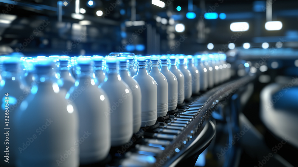 An advanced dairy facility with an interconnected conveyor system, where milk bottles are automatically filled, sealed, and boxed for distribution. An advanced dairy facility with an interconnected conveyor system, where milk bottles are automatically filled, sealed, and boxed for distribution.