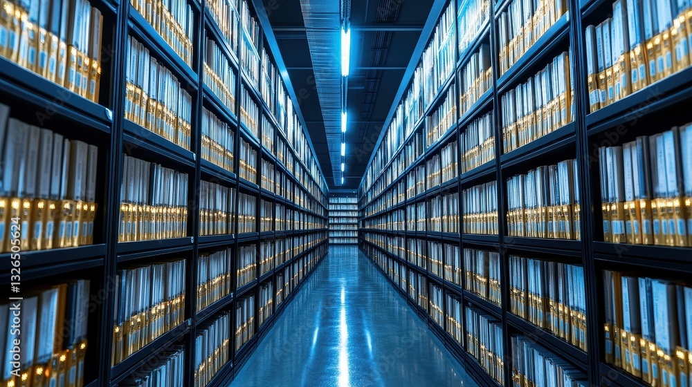 Fototapeta premium A long corridor lined with shelves filled with organized files, illuminated by blue lights, creating a modern archival atmosphere.
