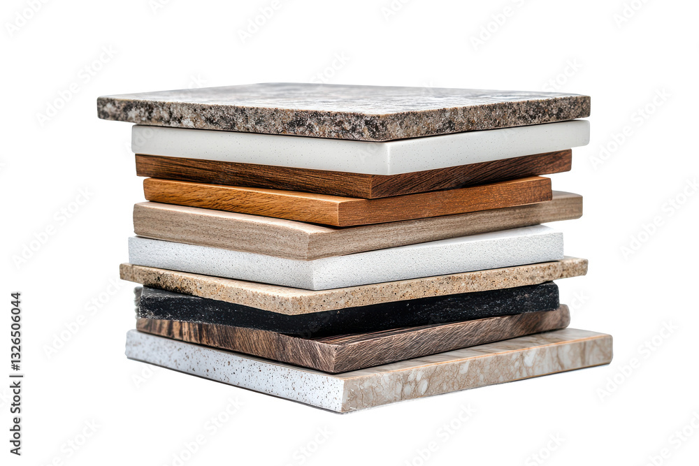 A stack of various countertop samples including granite marble wood and laminate isolated on a white background A stack of various countertop samples including granite marble wood and laminate isolated on a white background