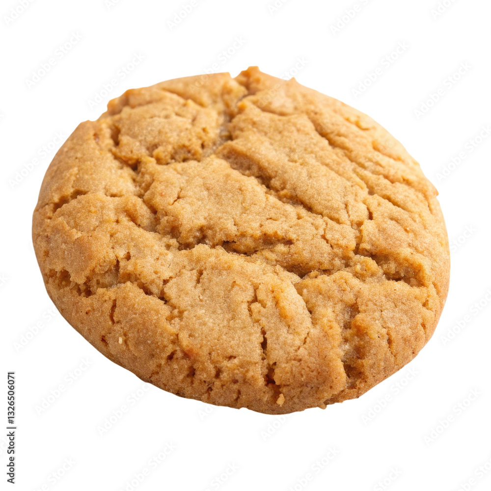 A round, textured cookie with a golden-brown hue and visible cracks on the surface isolated on transparent background. A round, textured cookie with a golden-brown hue and visible cracks on the surface isolated on transparent background.