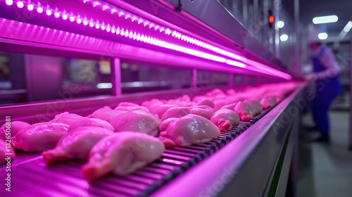 Wallpaper Mural Fresh raw chicken portions moving down a conveyor belt under UV sterilization lamps, emphasizing contamination control in modern food processing. Torontodigital.ca