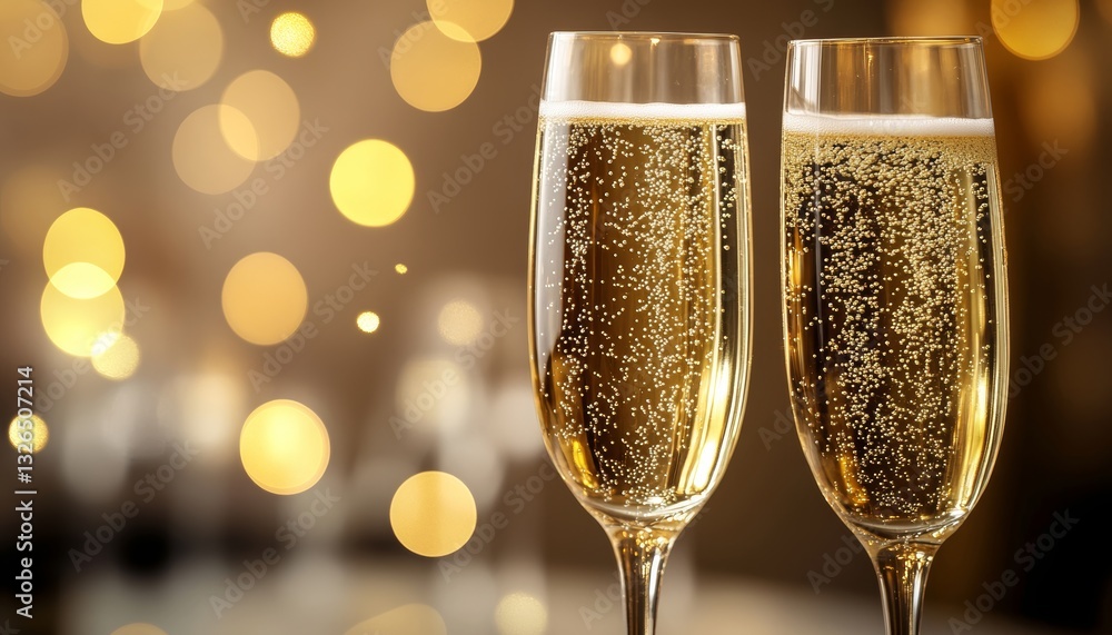 Elegant champagne glasses with golden bubbles in a luxurious restaurant setting with bokeh effect Elegant champagne glasses with golden bubbles in a luxurious restaurant setting with bokeh effect