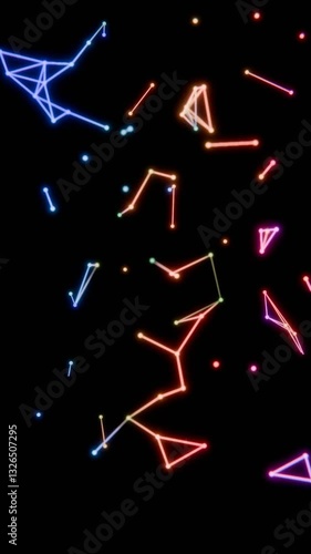 Neon-colored dots, lines, and shapes floating across a black background, forming a vibrant, futuristic scene with hints of cosmic geometry and minimalistic design.