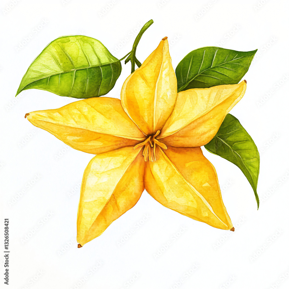 Fototapeta premium Watercolor hand-painted Starfruit branch with green leaf on a white background, flat watercolor painting, simple design, AI painting design, AI design set 