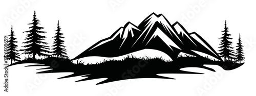 Black silhouette of mountains and fir trees camping adventure wildlife landscape panorama illustration icon vector for logo, isolated on white background.