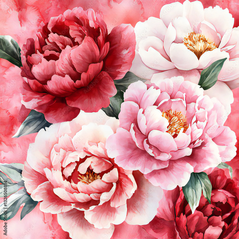 watercolor pink, rose, and red peonies on rose background for greetings card watercolor pink, rose, and red peonies on rose background for greetings card