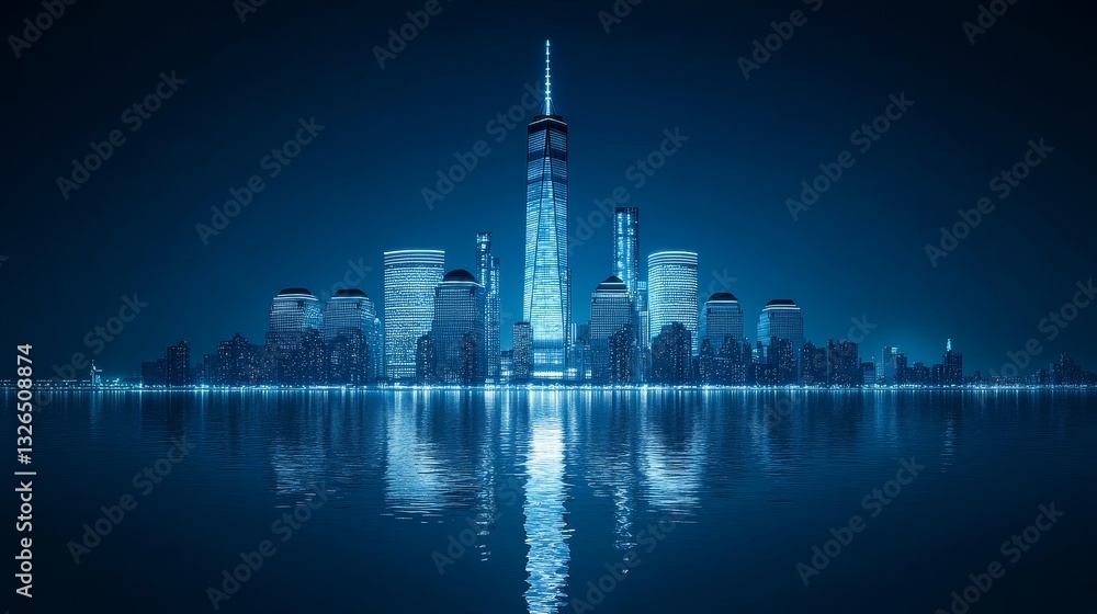 Obraz premium Panoramic Night View of New York City Skyline with Vibrant Lights and Reflections. Hyper-Realistic Manhattan Scene for Travel, Real Estate, and Business Marketing.