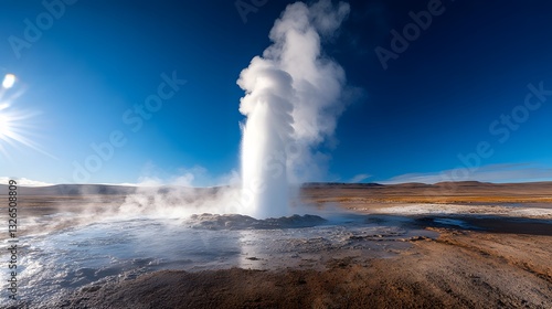 Wallpaper Mural Powerful geothermal geyser erupts against a blue sky, its steaming plume and rainbow prisms highlighting Iceland-inspired volcanic terrain and mineral-rich natural beauty. Torontodigital.ca