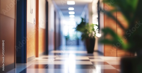 Wallpaper Mural Bright Office Hallway with Checkerboard Floor and Potted Plant Torontodigital.ca