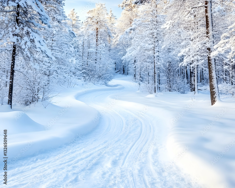 Fototapeta premium Snowy winter trail winding through a frosted forest