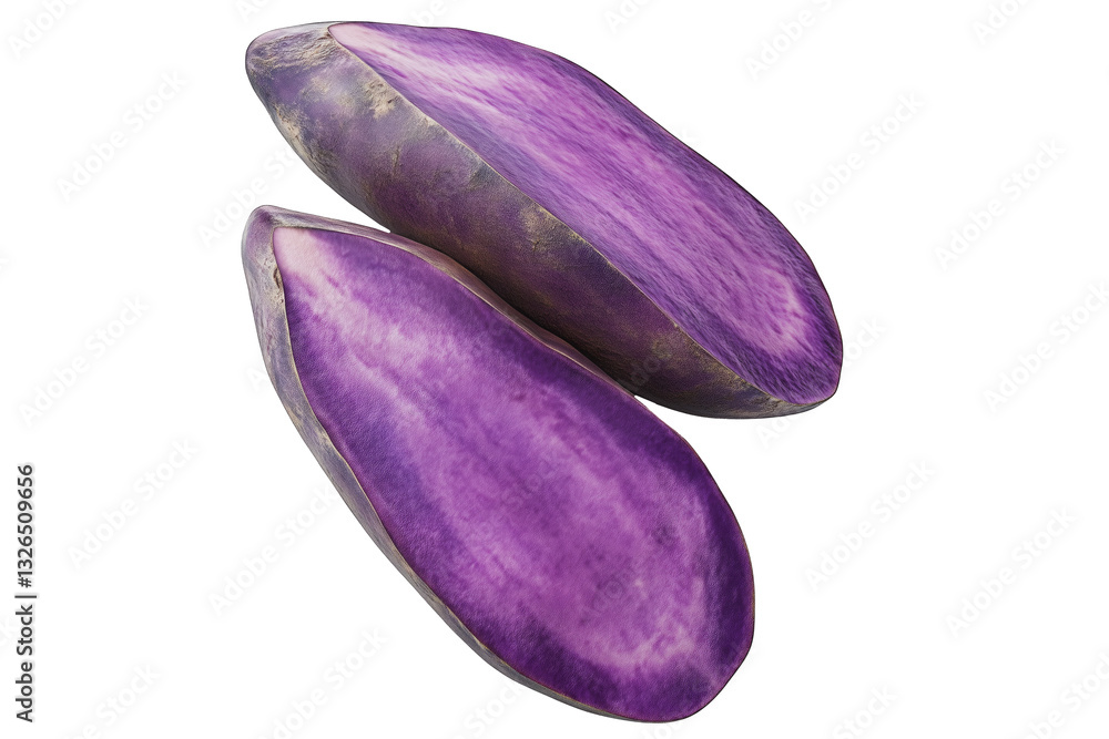 Sliced purple sweet potato, isolated on white transparent background. Concept of healthy food. Sliced purple sweet potato, isolated on white transparent background. Concept of healthy food.