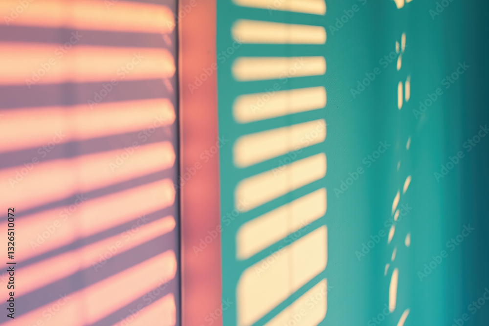 Fototapeta premium Sunlight streaming through window blinds, creating colorful shadows on wall