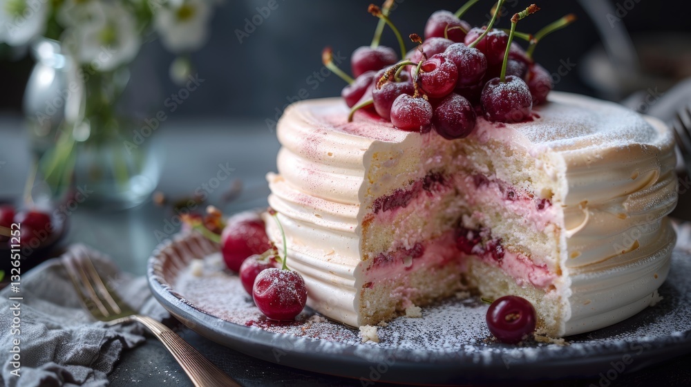 Visually striking sliced meringue cake adorned with luscious cherry yogurt highlighting delicate layers and enticing texture Visually striking sliced meringue cake adorned with luscious cherry yogurt highlighting delicate layers and enticing texture